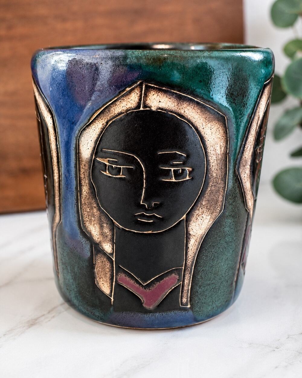 Design by Mara Mexico Abstract Faces Art Pottery Mug 12 Oz Vintage 4"